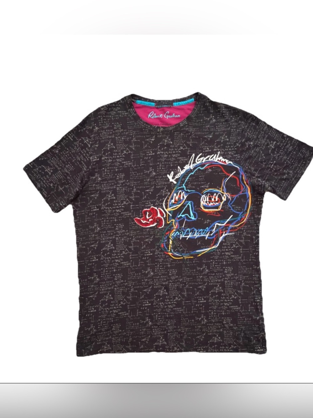 Robert Graham Men’s Medium Black Graphic Tee Skull Rose Math Formula Print